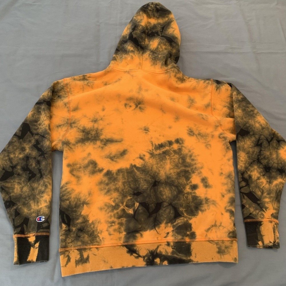 Champion Hoodie Mens Large Orange Black Tie Dye Fleece Pullover Sweatshirt - Picture 6 of 7